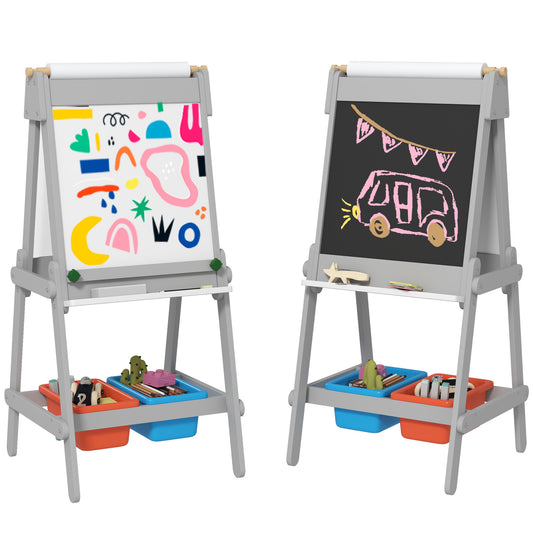 Qaba Art Easel, Easel for Kids with Paper Roll, Double Sided Whiteboard & Chalkboard for Toddlers Aged 3-8 Years Old, with Painting Paper Stand, 2 Storage Boxes, Gray