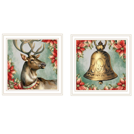 Trendy Decor 4U 2-Piece Vignette Old World Reindeer & Bell White Framed Wall Art for Living Room, Holiday Wall Art Print for Home Decor, Bedroom Wall Art by Nicole DeCamp