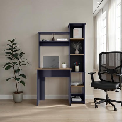 Computer Desk with Hutch and Side Bookshelf, Modern Home Office Desk with Storage Shelves, Kronos Blue and Natural Oak