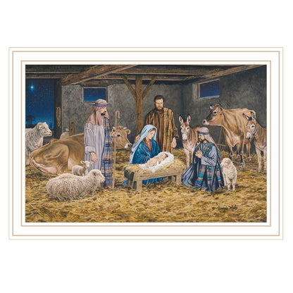 Trendy Decor 4U The Greatest Gift of All - The Birth of Christ White Framed Wall Art for Living Room, Nativity Wall Art Print for Home Decor, Bedroom Wall Art by Bonnie Mohr