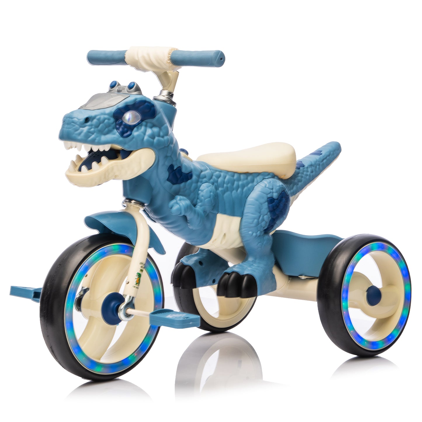 Kids Ride On Dinosaur Tricycle, Three-Wheel Stable Structure, Wider & Flash Wheels, Anti-slip Pedals & Handles, Rearward Storage Basket, Music, Lights, Cycling Training on Tricycles For Kids Aged 3-6.