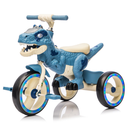 Kids Ride On Dinosaur Tricycle, Three-Wheel Stable Structure, Wider & Flash Wheels, Anti-slip Pedals & Handles, Rearward Storage Basket, Music, Lights, Cycling Training on Tricycles For Kids Aged 3-6.