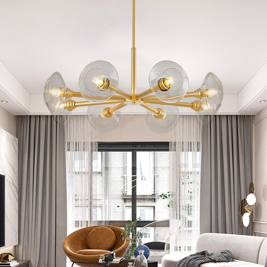 36' Modern Gold 8-Light Sputnik Chandelier with Clear Glass Shades, Mid-Century Hanging Pendant Light Fixture for Dining Room, Living Room, or Kitchen (Bulb Not Included)