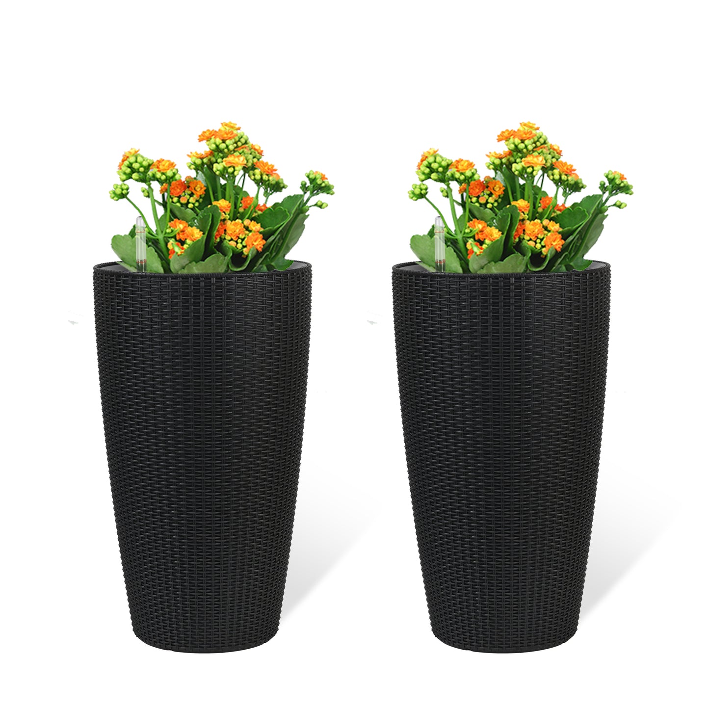 Faux Rattan Tall Planters Set with Water Level Monitor and Auto Watering, Black, Polypropylene, 22 Inch