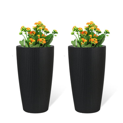 Faux Rattan Tall Planters Set with Water Level Monitor and Auto Watering, Black, Polypropylene, 22 Inch
