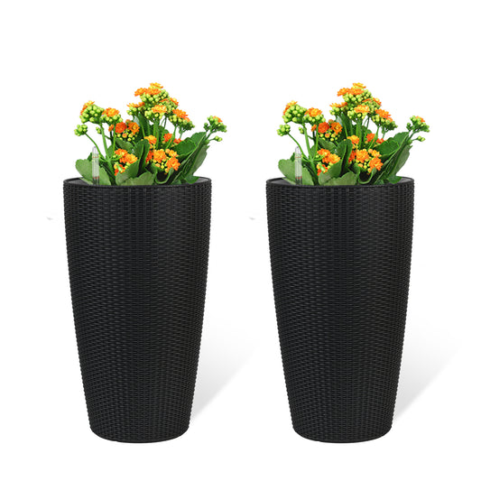 Faux Rattan Tall Planters Set with Water Level Monitor and Auto Watering, Black, Polypropylene, 22 Inch