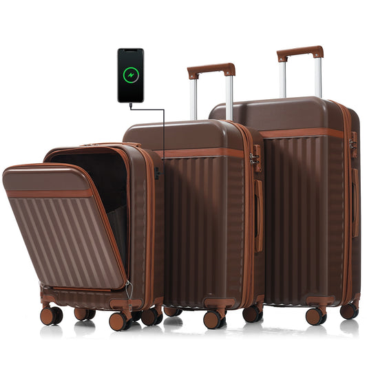 Luggage Set of 3, 20inch with USB Port, front opening design Airline Certified Carry on Luggage, ABS Hard Shell Luggage with Spinner Wheels,Brown