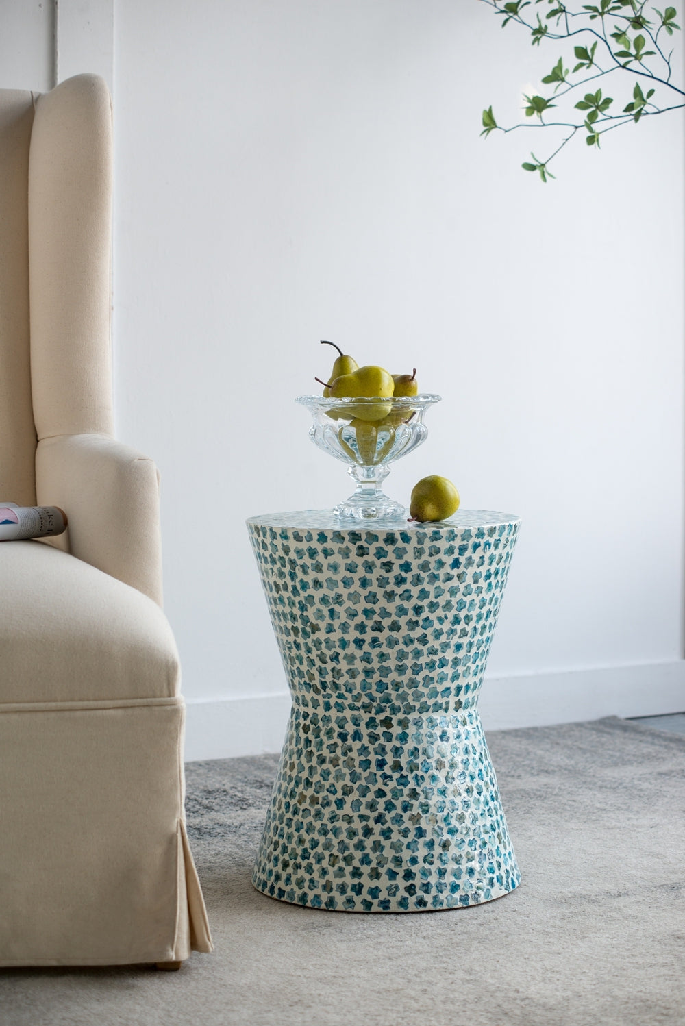 D14x20' Tapered Round Garden Accent Stool, Capiz Side Table, Blue