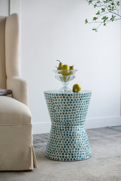 D14x20' Tapered Round Garden Accent Stool, Capiz Side Table, Blue