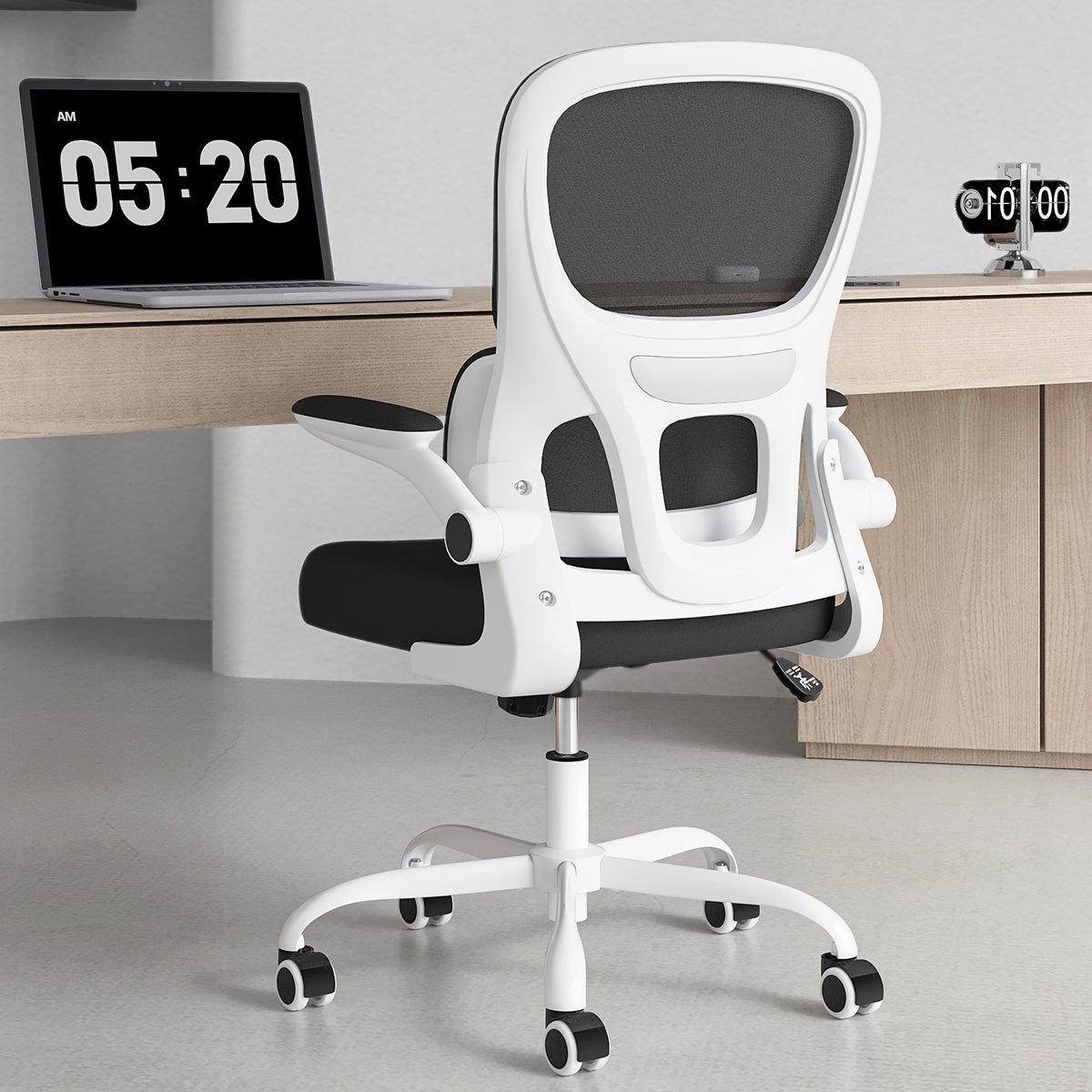 Soohow Office Chair, Mesh Ergonomic Office Chair with Lumbar Support, Comfy Computer Desk Chair with Flip Armrest Rolling Wheels for Home Study Room Office, White & Black