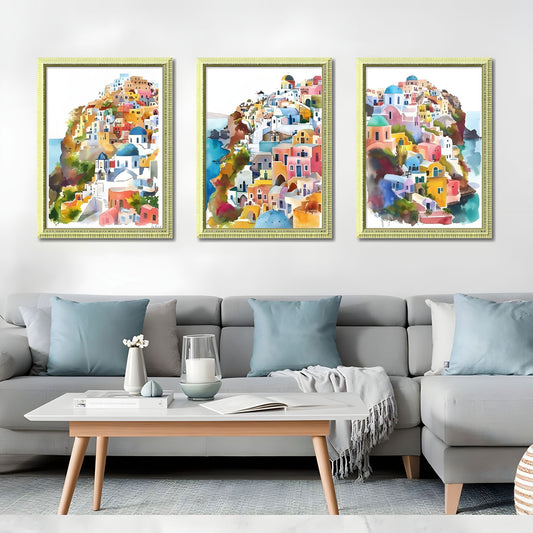Set of 3 Colorful Cityscape Framed Wall Art – Replaceable Canvas Prints with Wood Picture Frames, Modern Wall Decor for Living Room and Sofa Backgroundfor Living Room and Bedroom 18x24 inches