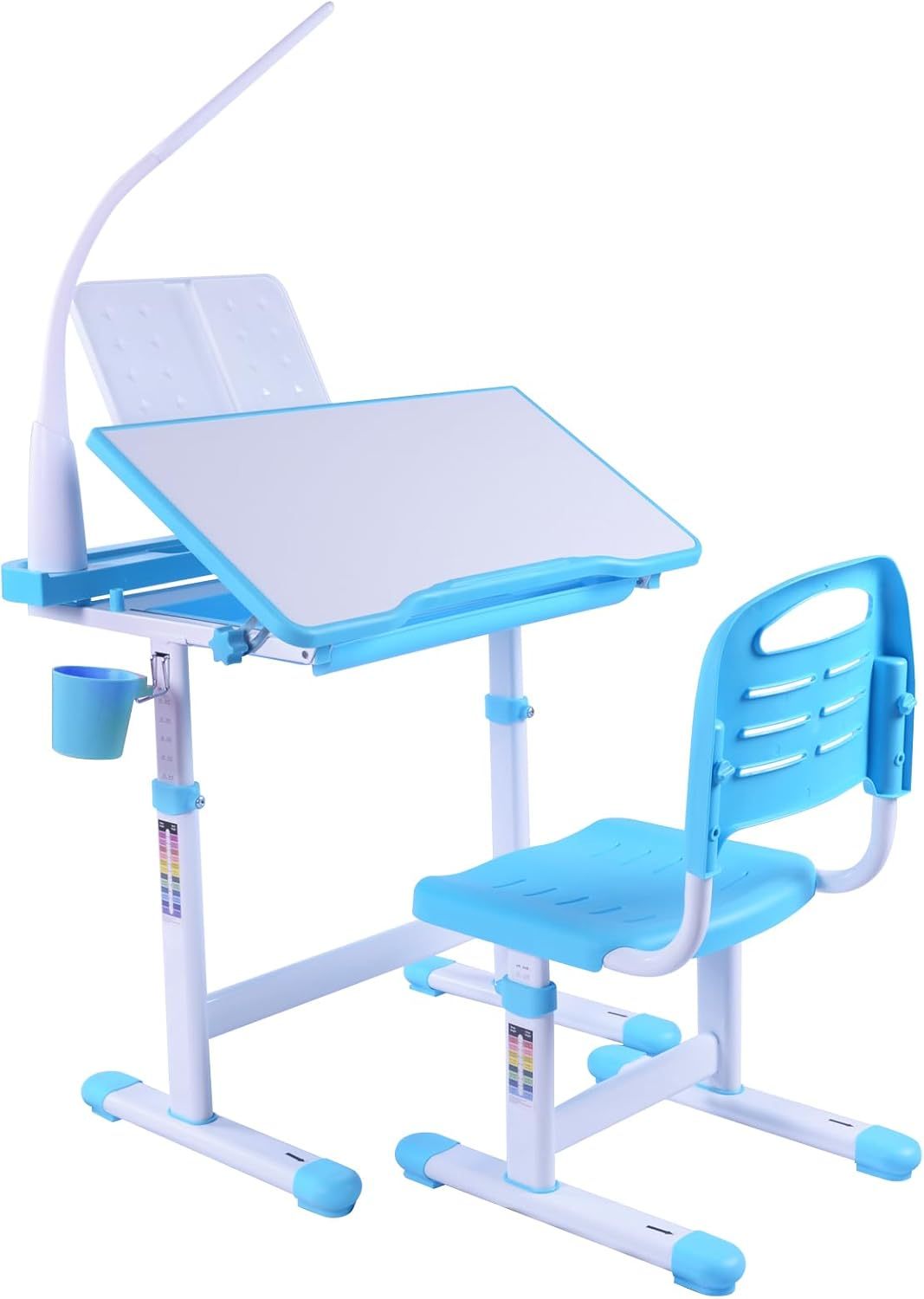 Desk for Kids Desk and Chair Set Kids Art Desk Drafting Table Desk Set with Adjustable Height, 40-Degree Tiltable Children Desktop, LED Light,Bookstand,Blue