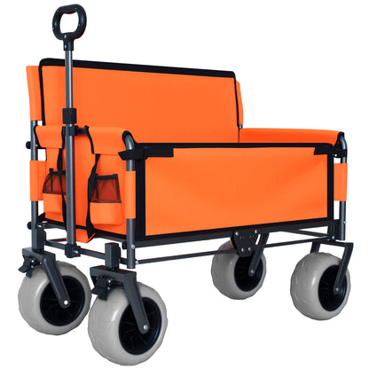 3-in-1 Folding Wagon with Bench Seat – 500lbs Capacity, 9'x4' Beach Tires for Camping & Beach, orange