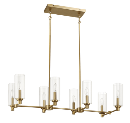 Willow Eight Lights Island With Clear Ribbed Glass Pendant Lamp - Satin Brass