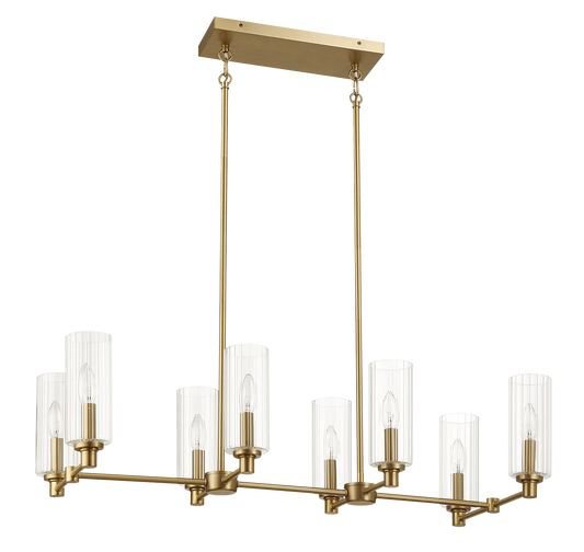 Willow Eight Lights Island With Clear Ribbed Glass Pendant Lamp - Satin Brass
