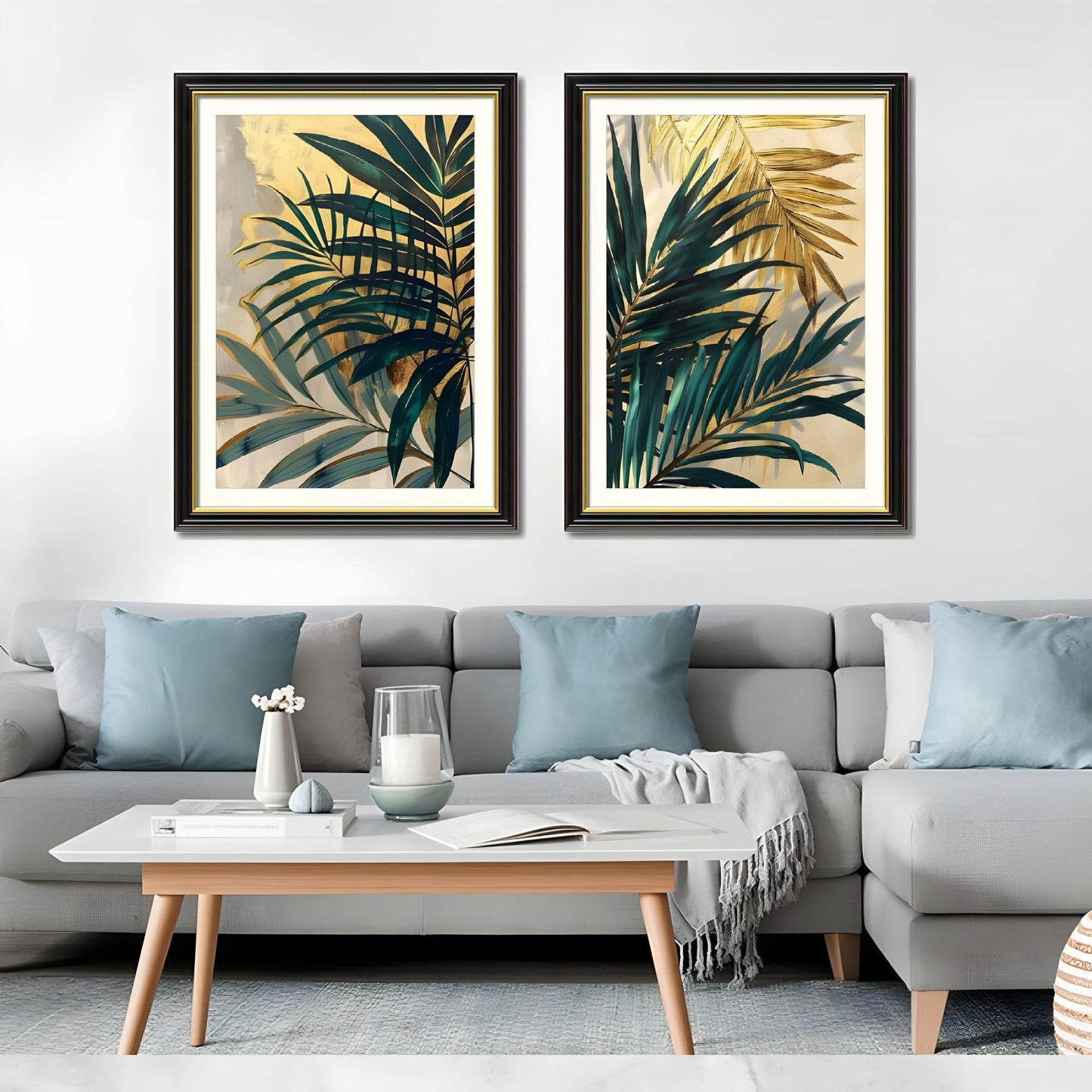 Set of 2 Tropical Palm Leaf Framed Wall Art – Replaceable Canvas Prints with Solid Wood Picture Frames, Modern Botanical Wall Decor for Living Room and Bedroom 24x32 inches