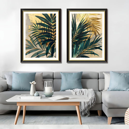 Set of 2 Tropical Palm Leaf Framed Wall Art – Replaceable Canvas Prints with Solid Wood Picture Frames, Modern Botanical Wall Decor for Living Room and Bedroom 24x32 inches