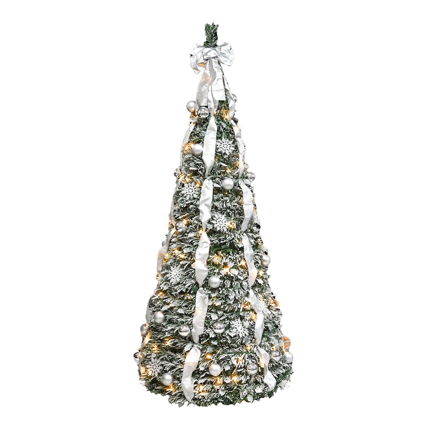 6FT Flocked Pop-Up Christmas Tree with 150 Warm White UL Lights – Pre-Decorated with  Ornaments, Snowflakes, Ribbons & Large Bow – Easy Assembly & Space-Saving Holiday Décor