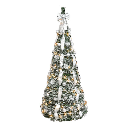 6FT Flocked Pop-Up Christmas Tree with 150 Warm White UL Lights – Pre-Decorated with  Ornaments, Snowflakes, Ribbons & Large Bow – Easy Assembly & Space-Saving Holiday Décor