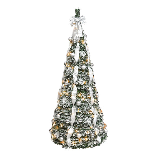 6FT Flocked Pop-Up Christmas Tree with 150 Warm White UL Lights – Pre-Decorated with  Ornaments, Snowflakes, Ribbons & Large Bow – Easy Assembly & Space-Saving Holiday Décor