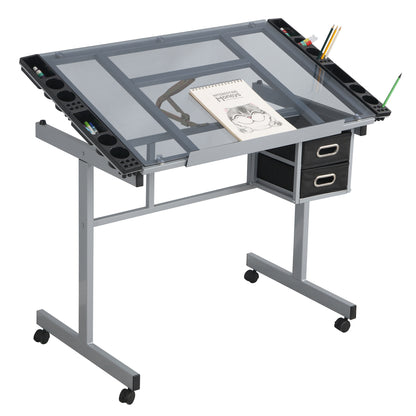 Adjustable Art Drawing Desk Craft Station Drafting   with 2  fabric  Drawers and 4 Wheels