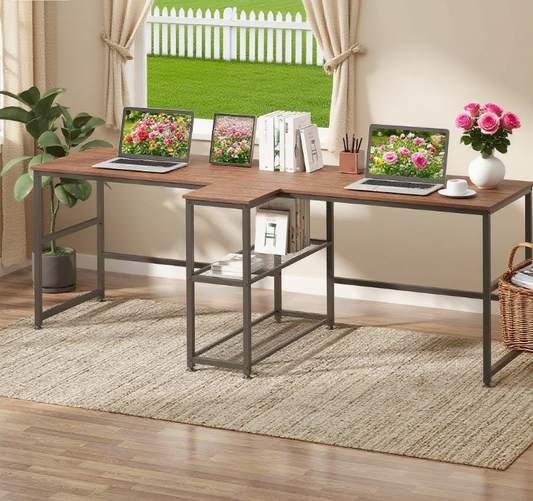 Desk Two Person Computer Desk with Storage Shelves, Double Desk Workstation with Book Shelf