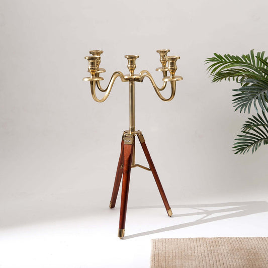 Elegant Tripod Candle Holder – Gold Polished Aluminum with Wood Detailing (17x17x31')