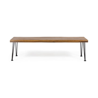 Zion Industrial Wood and Metal Rectangular Bench with Faux Live Edge Design in Teak Finish