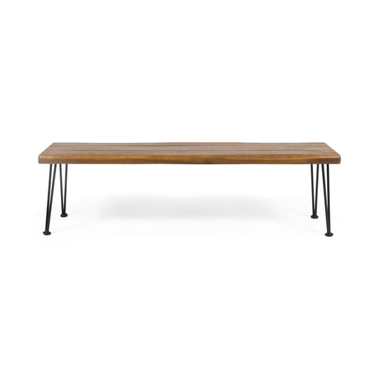 Zion Industrial Wood and Metal Rectangular Bench with Faux Live Edge Design in Teak Finish