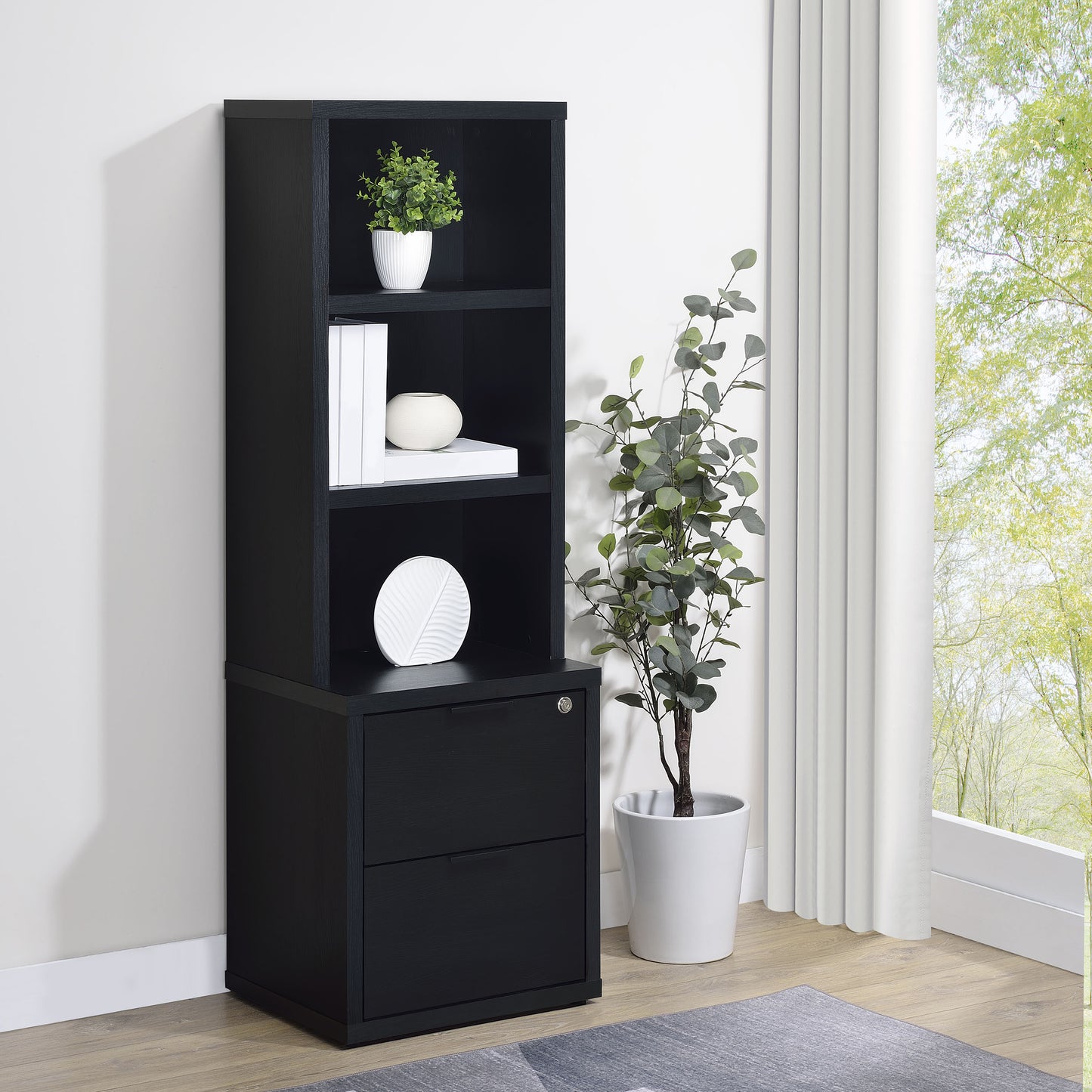 Geary Black 3-shelf Bookcase USB and Lockable Drawer