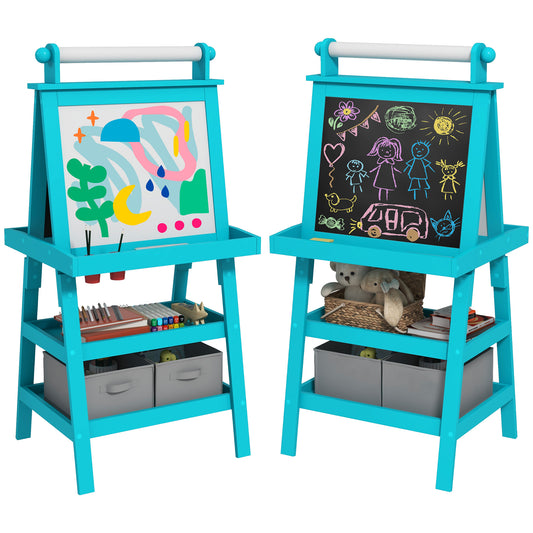 Qaba Easel for Kids, Double Sided Kids Art Easel with Paper Roll, Magnetic Whiteboard, Chalkboard & Storage, Standing Toddler Easel for Painting & Drawing, Gift for Boys, Girls Ages 3-6 Years, Blue