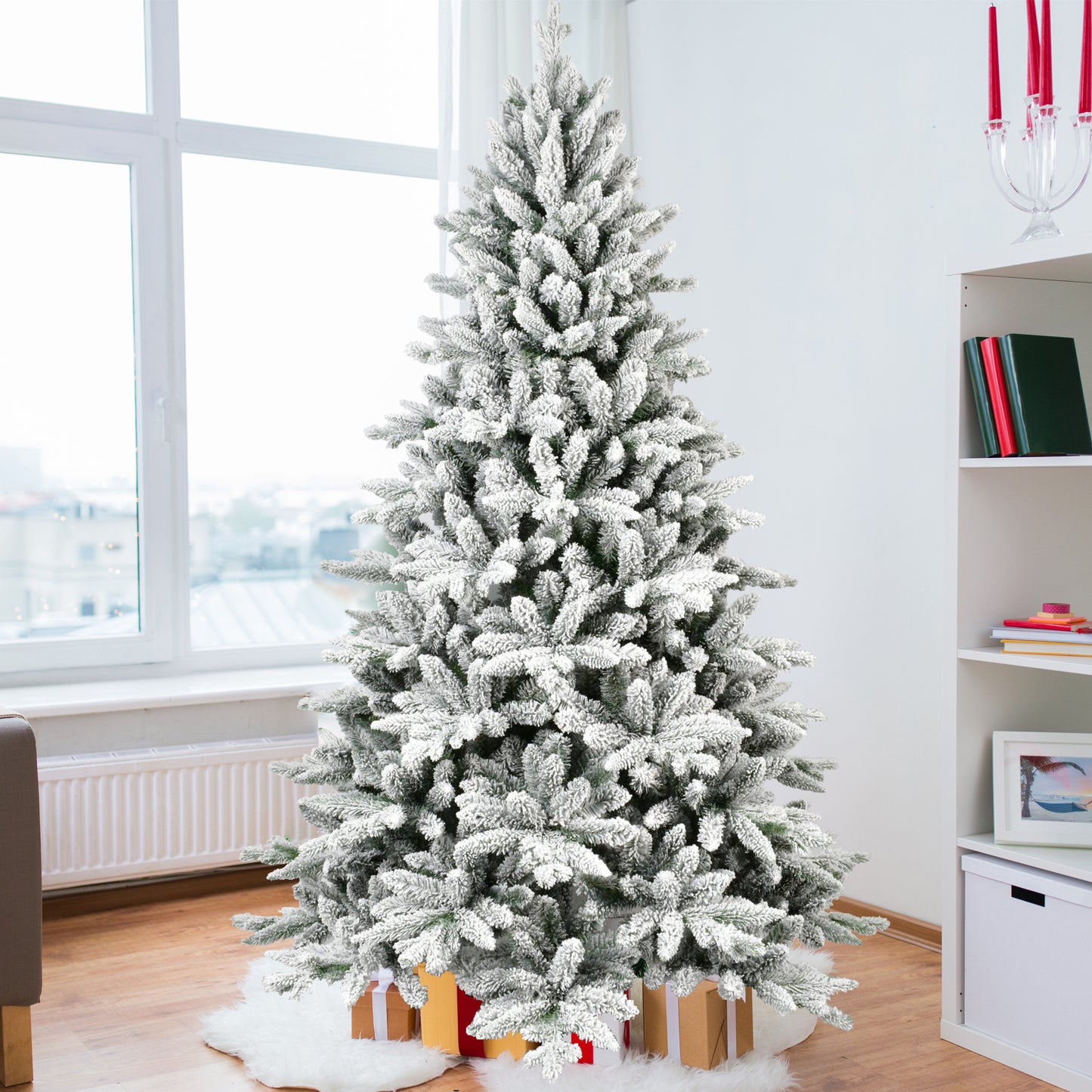 5ft Flocked Christmas Tree with 768 Tips, Realistic PE+PVC Snowy Hinged Tree with Metal Stand, Full Artificial Xmas Tree for  Holiday Decoration