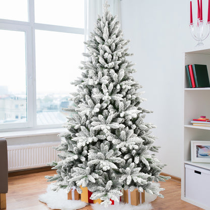 6ft Flocked Christmas Tree with 1100 Tips, Realistic PE+PVC Snowy Hinged Tree with Metal Stand, Full Artificial Xmas Tree for  Holiday Decoration