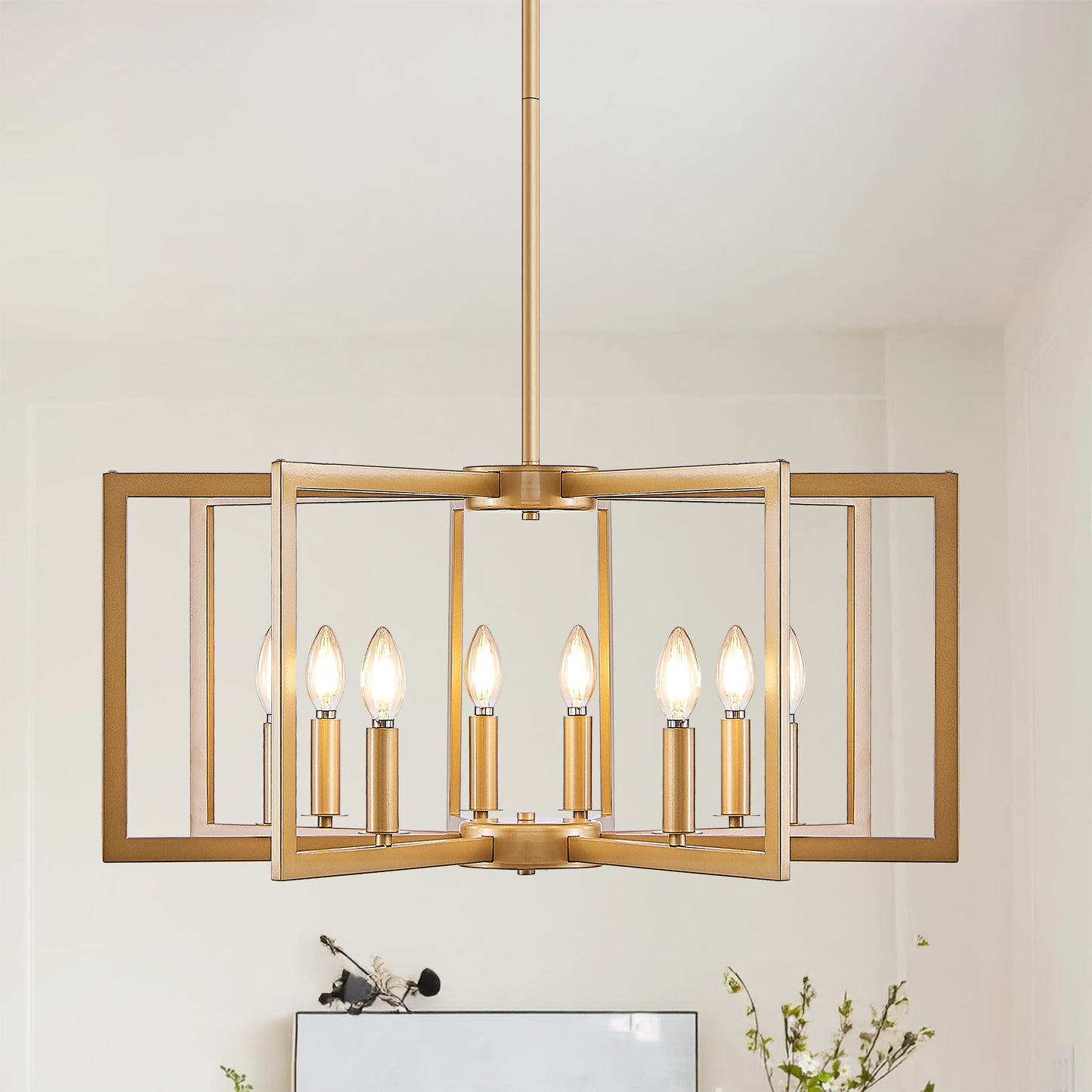 27' Modern Golden Geometric 8-Light Chandelier – Industrial Metal Pendant Light Fixture for Living Room, Dining Room, or Kitchen (Bulb Not Included)