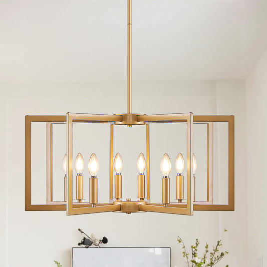 27' Modern Golden Geometric 8-Light Chandelier – Industrial Metal Pendant Light Fixture for Living Room, Dining Room, or Kitchen (Bulb Not Included)