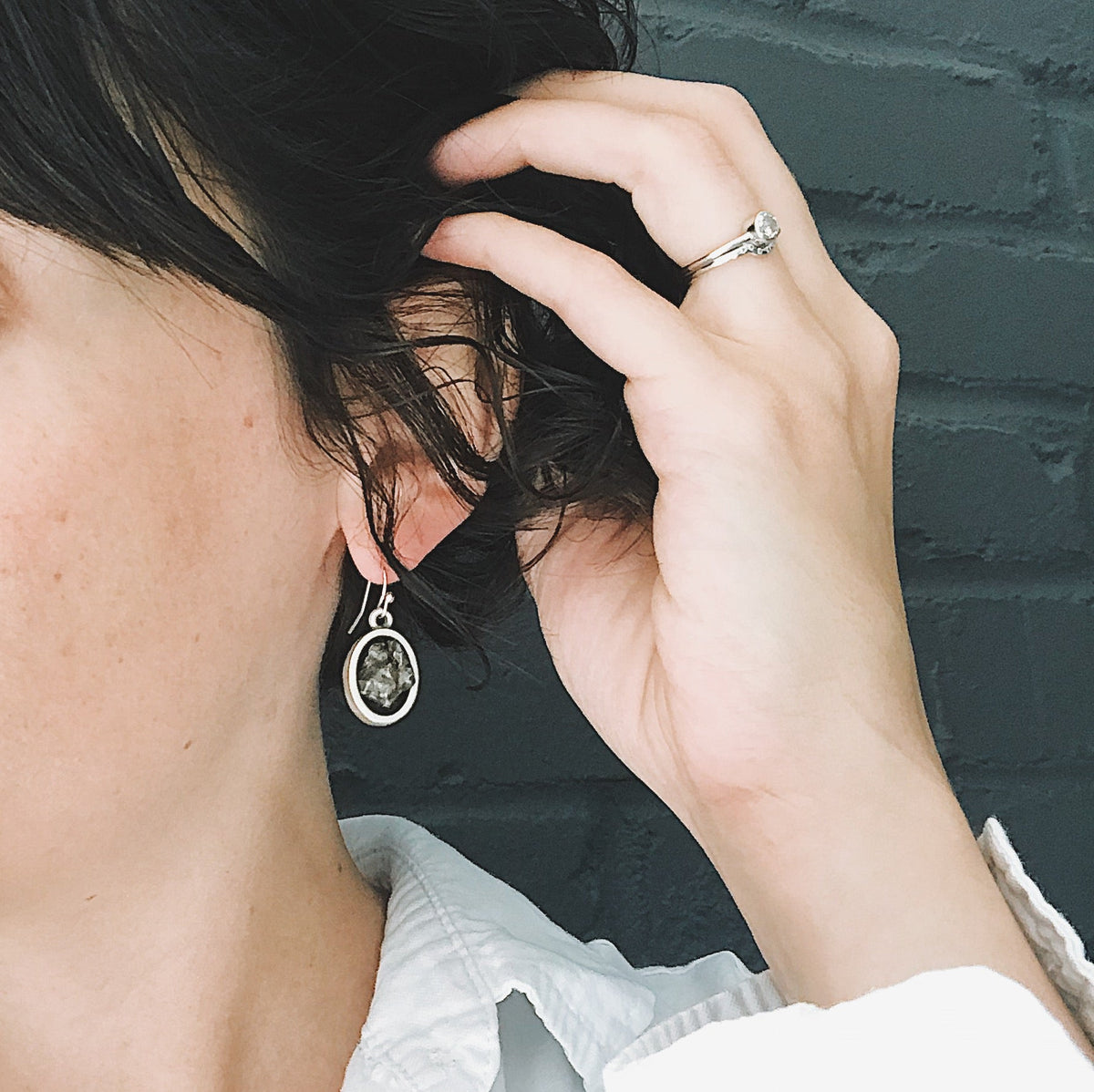 Oval Dangle Earrings With Raw Meteorite