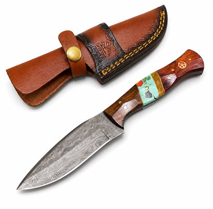 Hand-Forged Damascus Steel Drop Point Hunting Knife – Rosewood & Turquoise Mosaic Inlay Handle With Hand-Tooled Leather Sheath TKT-4