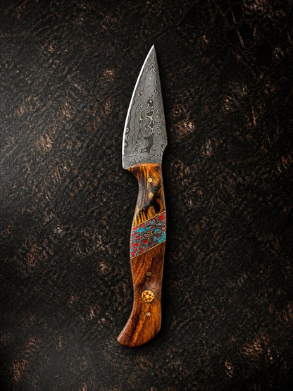 Titan "Painted Mesa" Damascus Hunting Knife | Cocobolo Rosewood & Turquoise Mosaic Handle | Hand-Tooled Leather Sheath TK-514