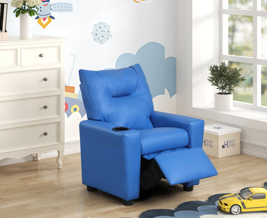 Perline 23'W Blue PVC Fabric Kids Recliner Chair with Cupholder