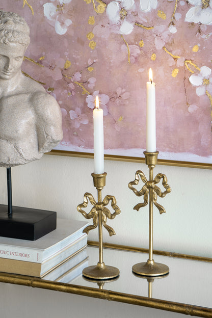 S/2 Gold Cast Iron Candle Holders with Playful Bow Design