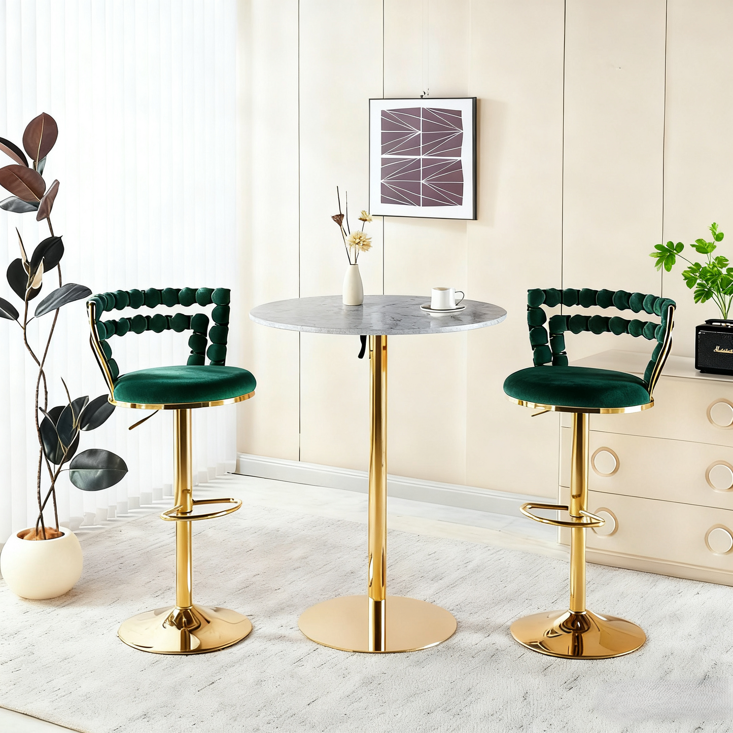 Modern Gold Bar Table Set with 2 Adjustable Bar Stools, Round Marble-Patterned Pub Table for Home Bar & Kitchen