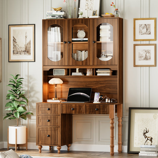 47'' Retro Desk with Charging Ports and Hutch Cabinet, Office Desk with 5 Storage Drawers and Transparent Glass-Door Bookshelf, Executive Computer Desk for Home Office, Bedroom, Walnut