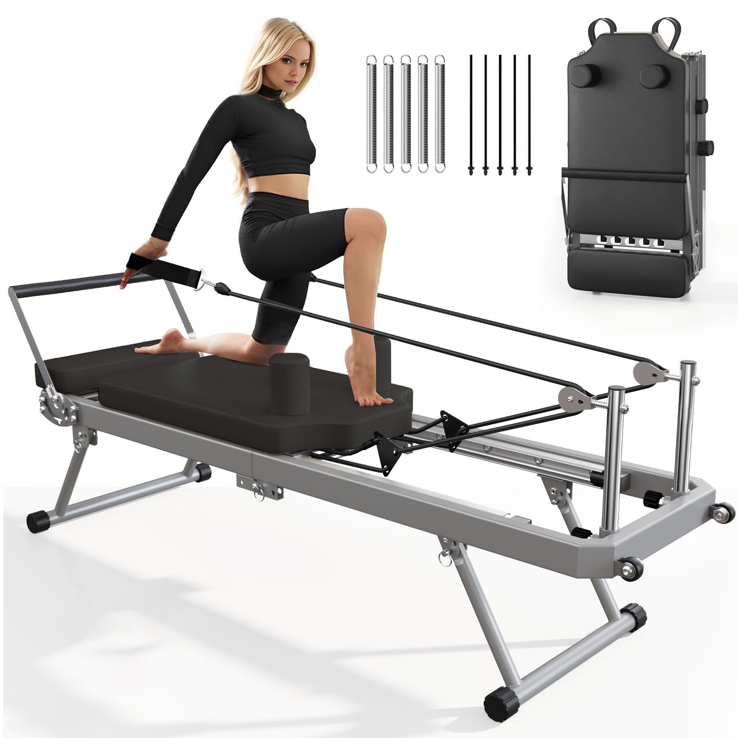 Foldable Pilates Reformer Machine for Home Use - 330lbs Capacity with 5 Alloy Springs, 11 Resistance Levels & UP Leather Surface, Space-Saving Fitness Equipment