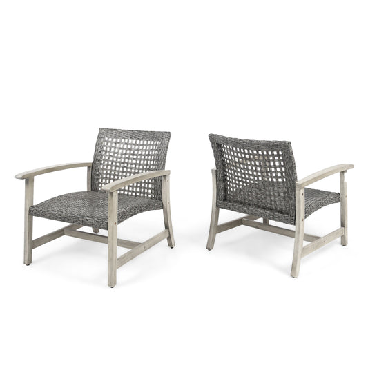 Outdoor Club Chair with Rattan Cover and Acacia Wood Frame, Grey