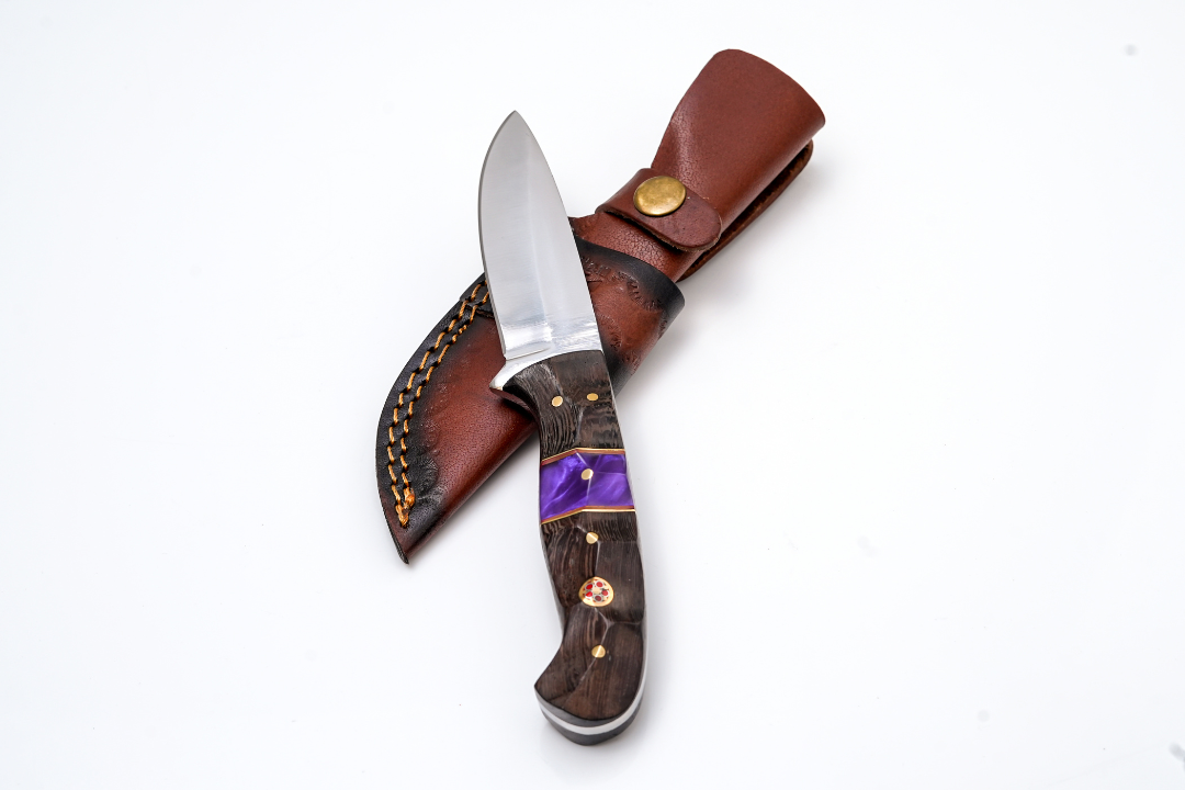 Hand-Forged Satin Finish Hunter | Purple Pearl Resin & Textured Wood Hybrid Handle With Mosaic Pin - TK-449