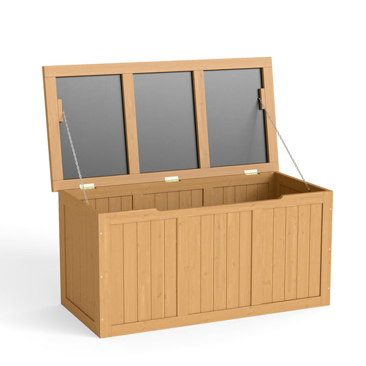67 Gallon Outdoor Wooden Deck Box Solid Wood Storage Box Seat & Table Top for Patio Furniture Cushions, Pool Toys & Garden Tools