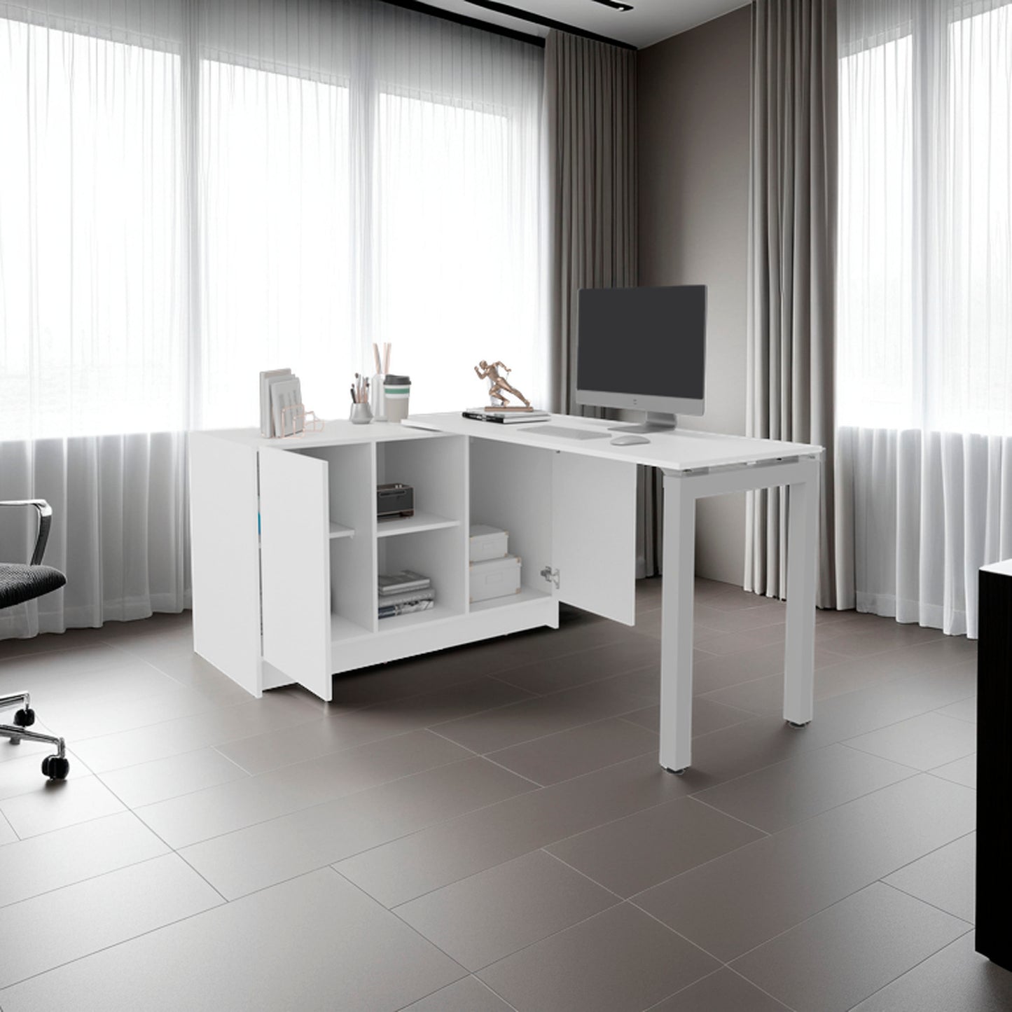 Elfrida Desk, Two Open Storage Shelves, Contemporary Space-Saving Design for Home Office or Study Area, White