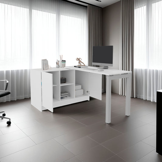 Elfrida Desk, Two Open Storage Shelves, Contemporary Space-Saving Design for Home Office or Study Area, White