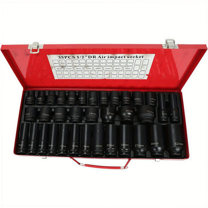 35pcs 1/2' lmpact Socket Set Cr-V Steel Drive Deep 6Point Socket Tool Set 8-32mm Metric Socket WrenchSet with Size Marking for Automotive Repair High Torque