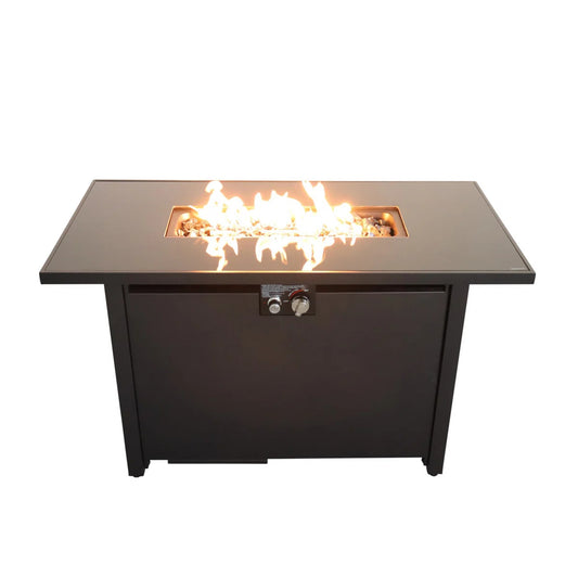 Modern 42' Smoked Glass Metal Rectangle Fire Pit Table Black Stainless Steel Propane/Natural Gas